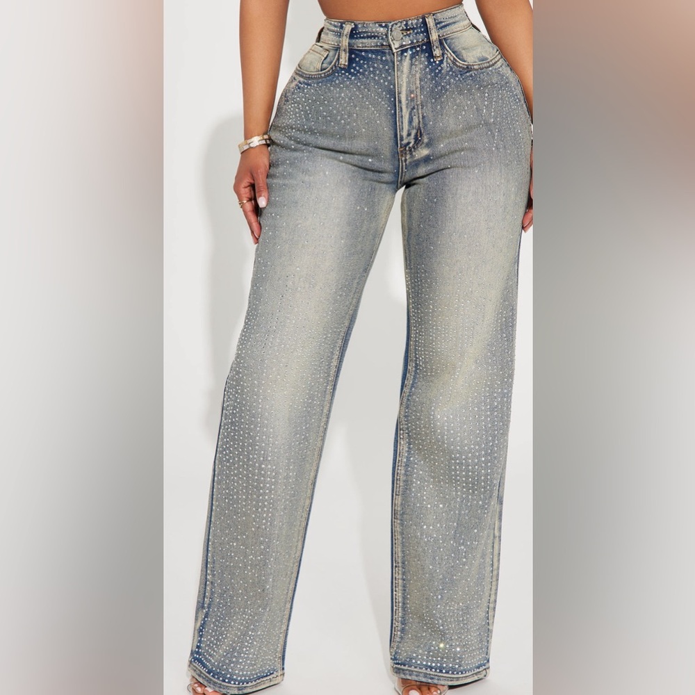 Rhinestone Embellished Stretch Straight leg Jeans
